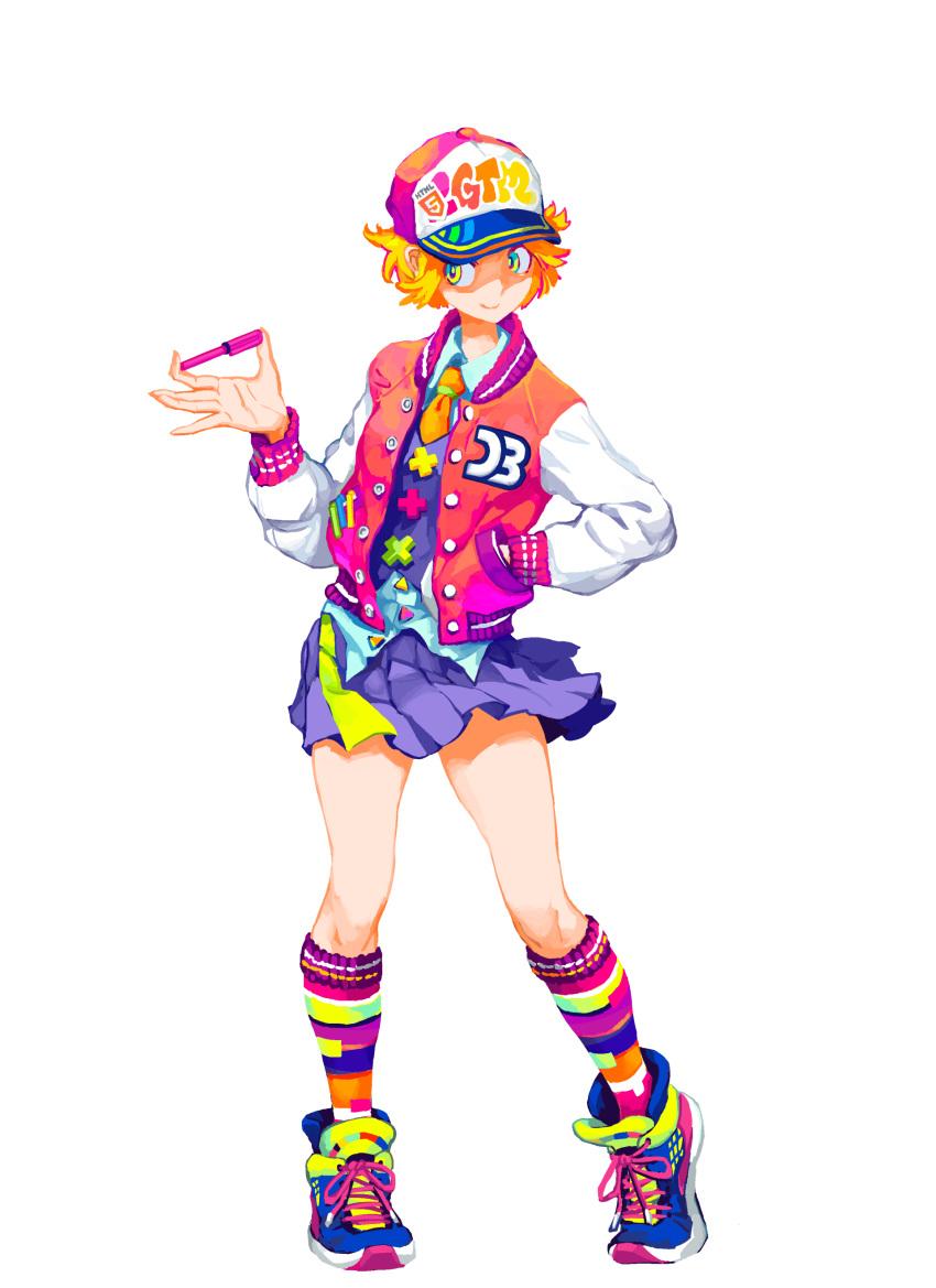 1girl, absurdres, baseball_cap, blonde_hair, closed_mouth, collared_shirt, full_body, hand_in_pocket