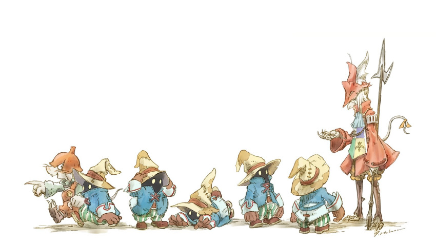 1boy, 1girl, 5others, artist_name, ascot, black_mage_(final_fantasy), blue_ascot, brown_gloves