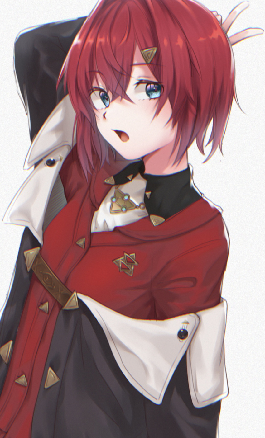 1girl, ange_katrina, ange_katrina_(1st_costume), arm_behind_head, arm_up, black_coat, blue_eyes, cardigan