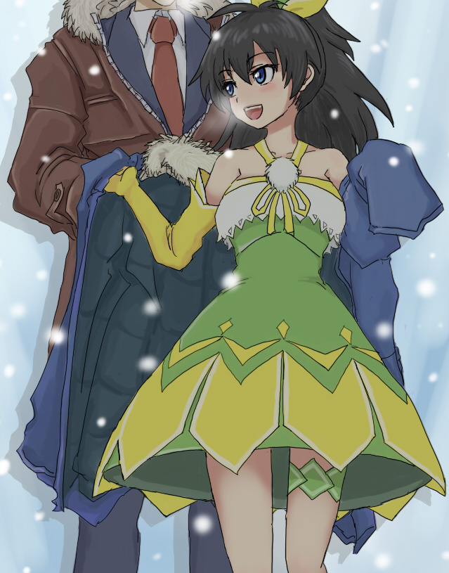 blue_eyes, coat, dress, ganaha_hibiki, height_difference, idolmaster, idolmaster_2, long_hair, ponytail, producer_(idolmaster), samo, samo_(samodayo), samodayo, size_difference, snow, snowing