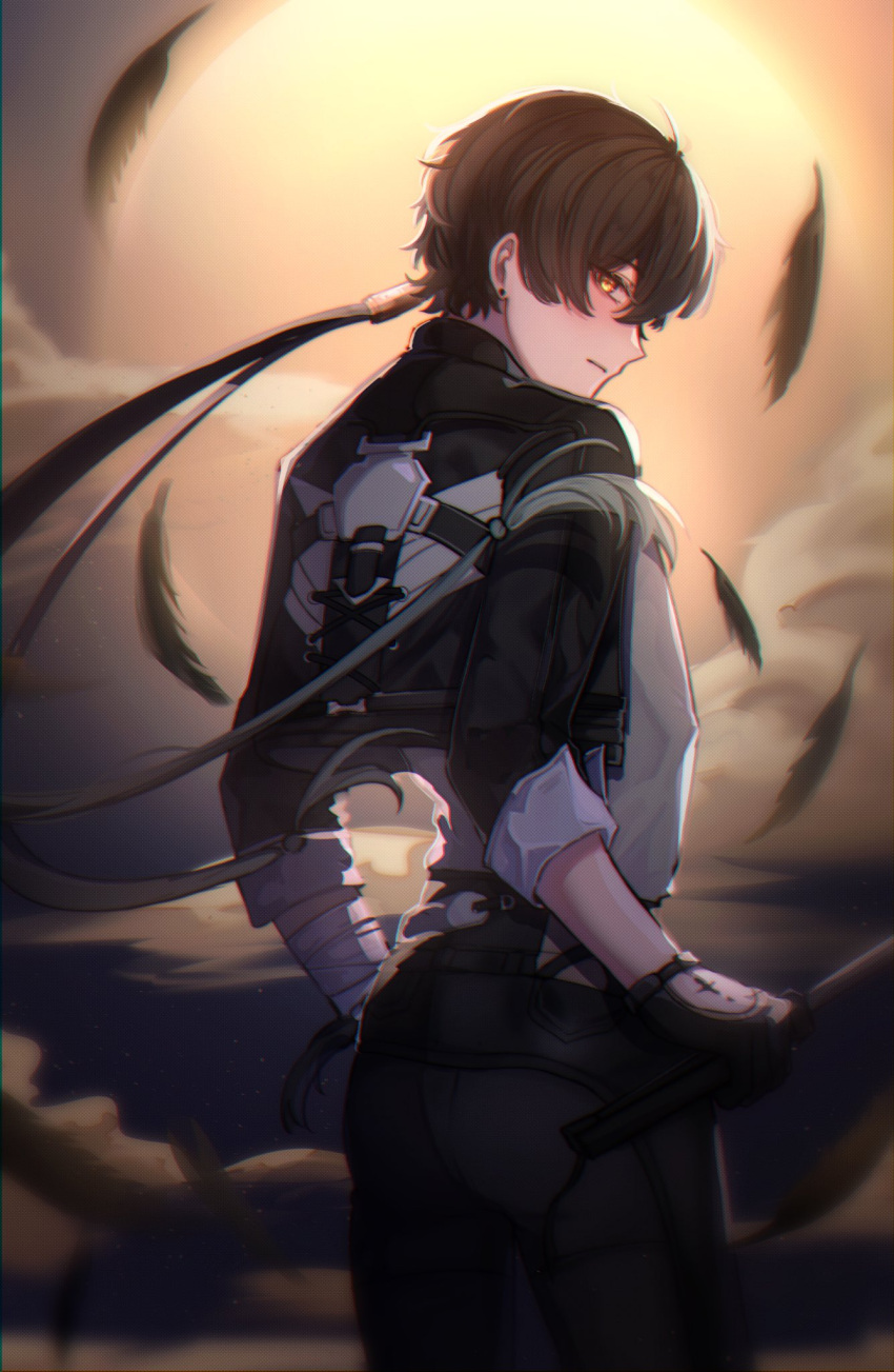 1boy, black_feathers, black_gloves, black_hair, black_jacket, black_pants, clouds, cowboy_shot