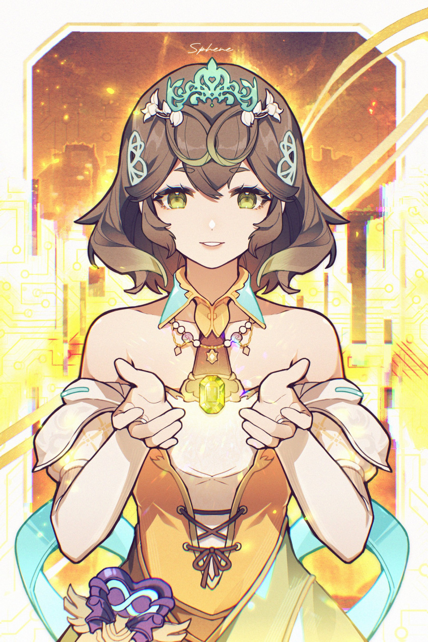 1girl, 9yuki, absurdres, bare_shoulders, border, brown_hair, character_name, crossed_bangs