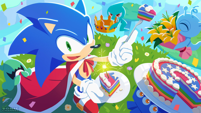 1boy, :d, animal_ears, animal_nose, blue_fur, blue_hair, blue_wisp_(sonic), body_fur, bouquet, cake, cape, commentary_request, confetti, copyright_name, crown, cyan_wisp_(sonic), day, fireworks, flower, food, fork, furry, furry_male, gloves, green_eyes, happy, hedgehog_boy, holding, holding_crown, holding_fork, jade_wisp_(sonic), looking_at_viewer, male_focus, official_art, open_mouth, outdoors, outstretched_arms, rainbow_cake, red_cape, red_shoes, shoes, smile, solo_focus, sonic_(series), sonic_channel, sonic_colors, sonic_colors:_ultimate, sonic_the_hedgehog, sonic_the_hedgehog_(birthday_king), sonic_the_hedgehog_official, sparkler, standing, white_gloves, wisp_(sonic), yacker_the_wisp, yellow_flower