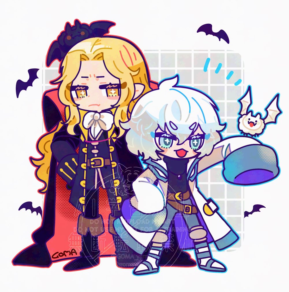 2boys, :d, alucard_(castlevania), aqua_eyes, artist_name, bat_(animal), blonde_hair, cape