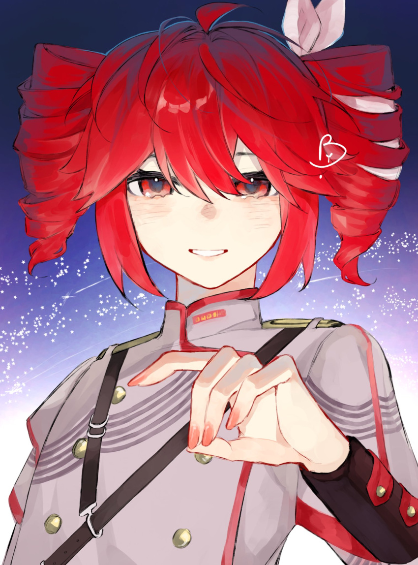 1girl, ahoge, bo4turtle, buttons, commentary, double-breasted, drill_hair, grey_jacket, hair_ribbon, highres, jacket, kasane_teto, kasane_teto_(sv), nail_polish, portrait, red_eyes, red_hair, red_nails, ribbon, sky, smile, solo, star_(sky), starry_sky, synthesizer_v, twin_drills, twintails, upper_body, utau, white_ribbon