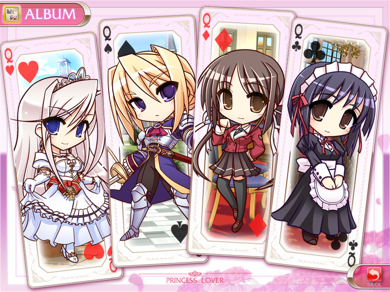 apron, armor, black_hair, black_legwear, black_thighhighs, blonde_hair, blue_eyes, blue_hair, brown_eyes, card, card_(medium), charlotte_hazellink, chibi, dress, earrings, elbow_gloves, fujikura_yuu, game_cg, gloves, hair_ribbon, hair_up, high_heels, houjouin_seika, jewelry, komori_kei, long_hair, maid, maid_headdress, multiple_girls, necklace, pink_hair, playing_card, princess_lover, purple_eyes, ribbon, school_uniform, shoes, short_hair, silvia_van_hossen, skirt, smile, sword, thigh-highs, thighhighs, tiara, twintails, violet_eyes, weapon, zettai_ryouiki