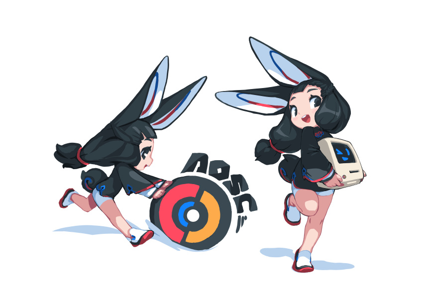 1girl, 2020, absurdres, anan-the_rabbit_girl, animal_ears, bike_shorts, black_dress, black_eyes, black_hair, chinese_clothes, chinese_commentary, commentary, dress, english_commentary, furry, furry_female, highres, krita_(medium), long_hair, long_sleeves, mascot, multiple_views, original, pankou, rabbit, rabbit_ears, rabbit_tail, running, spirit_animals_in_disguise, standing, standing_on_one_leg, tail, tyson_tan, white_sneakers