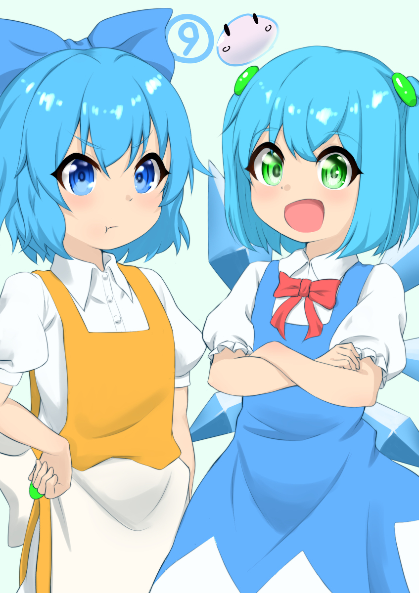 2girls, aqua_eyes, aqua_hair, blue_dress, blue_eyes, blue_hair, cirno, falfa_(slime_taoshite_300_nen), ice, multiple_girls, orange_dress, slime_taoshite_300_nen_shiranai_uchi_ni_level_max_ni_nattemashita, touhou, white_shirt
