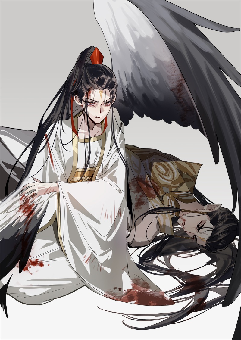 1boy, 1girl, black_hair, black_wings, blood, blood_on_clothes, blood_on_face, blood_on_hands