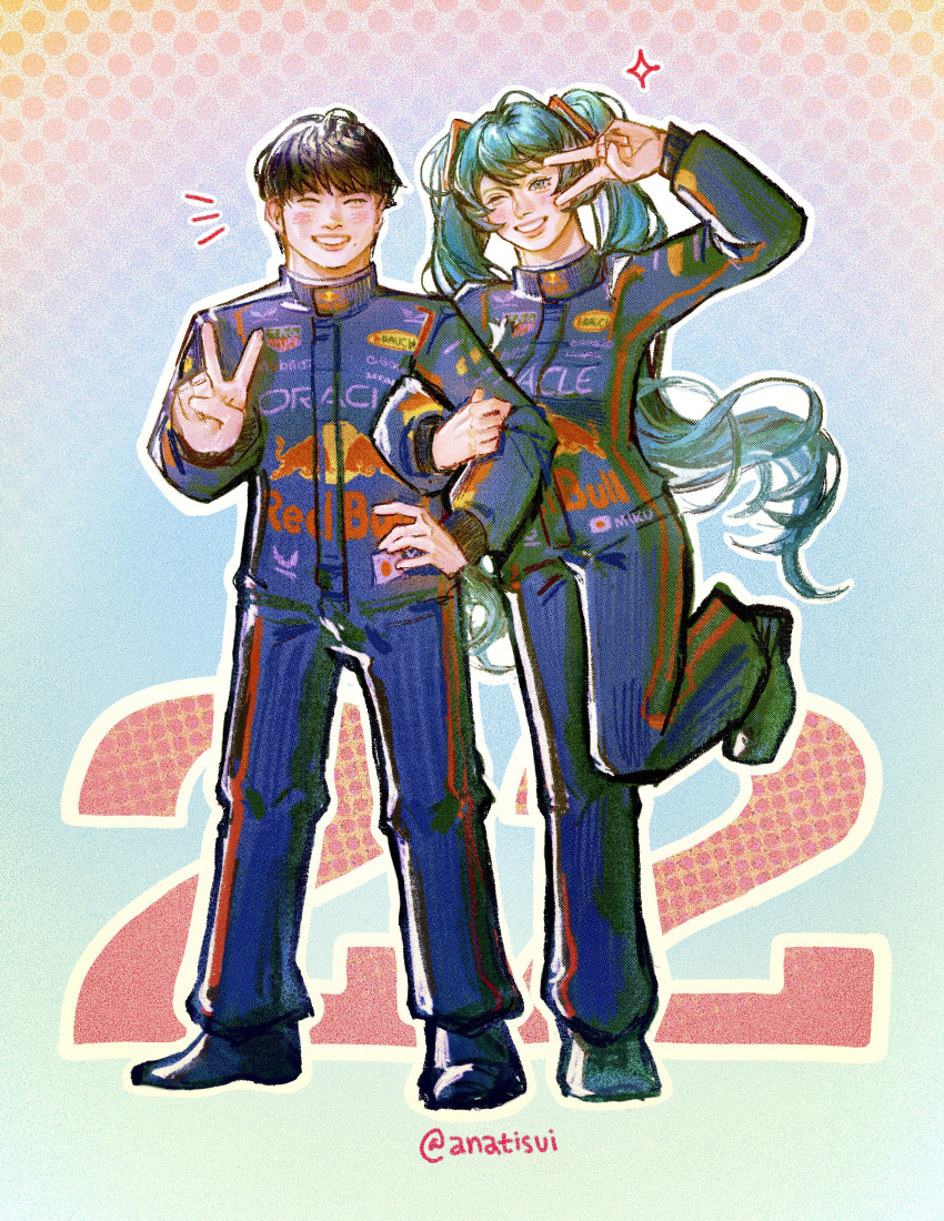 1boy, 1girl, ^_^, absurdres, blue_eyes, blue_hair, blue_jumpsuit, blue_shoes