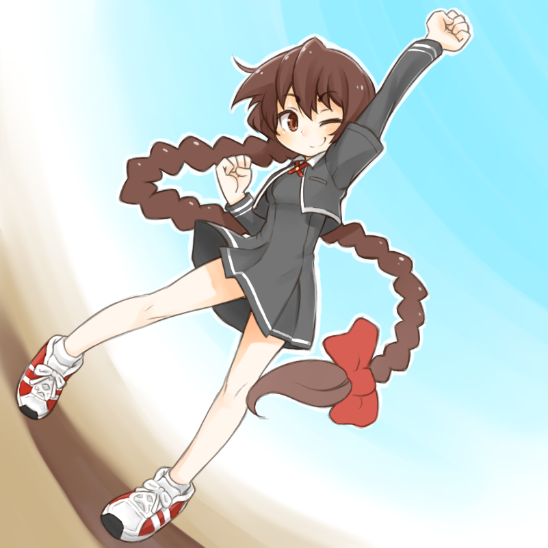 1girl, arm_up, black_dress, black_jacket, bow, braid, brown_eyes, brown_hair