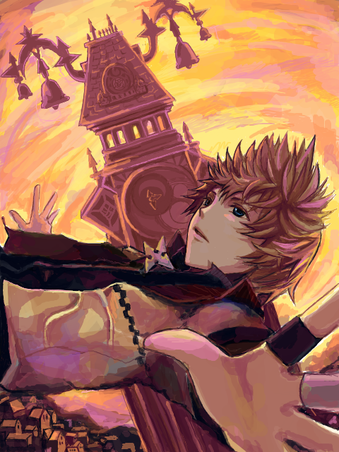 blonde_hair, blue_eyes, clock, clock_tower, falling, kingdom_hearts, male, roxas