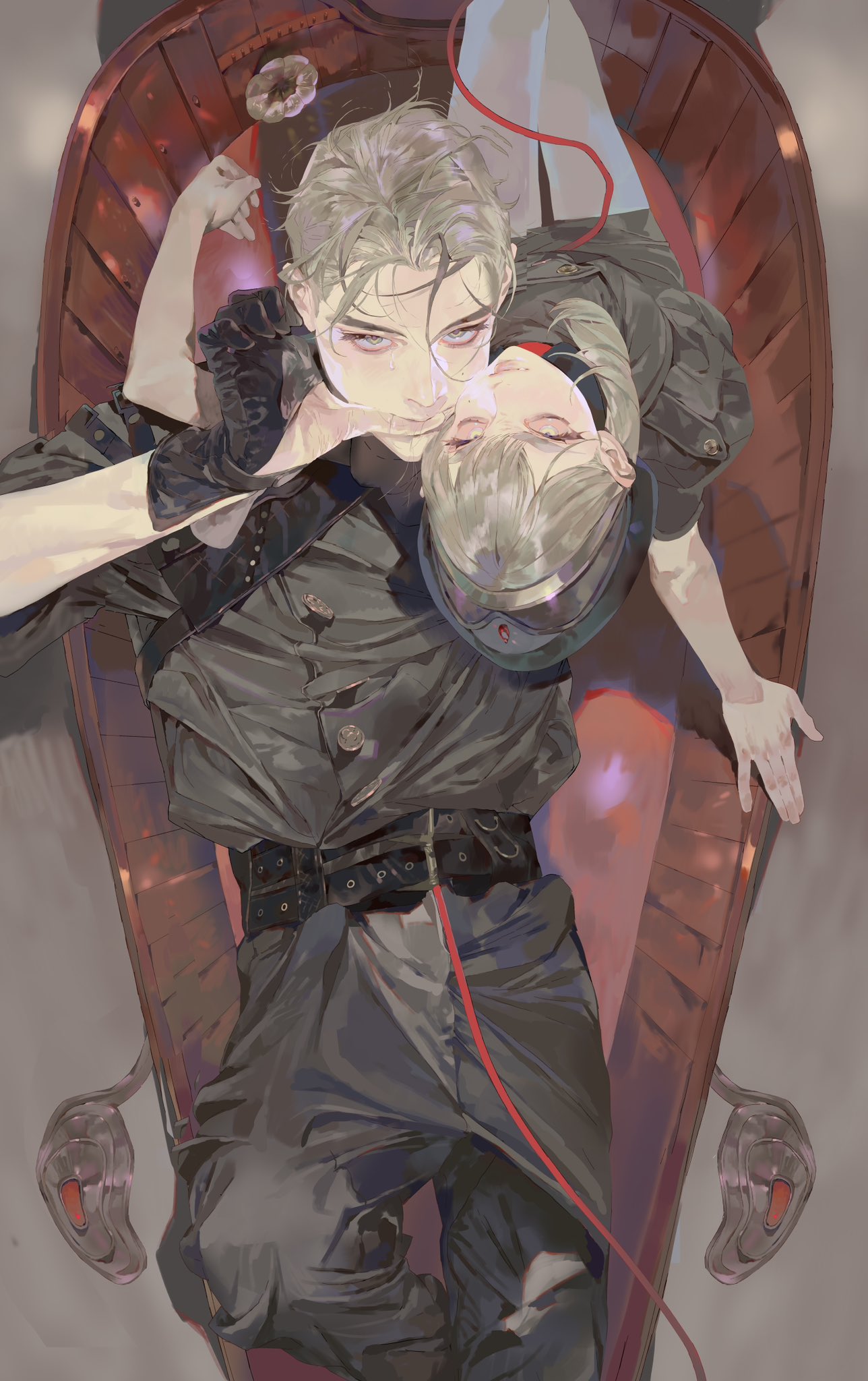 1boy, 1girl, bath, belt, biting_own_finger, black_gloves, black_shirt, blonde_hair