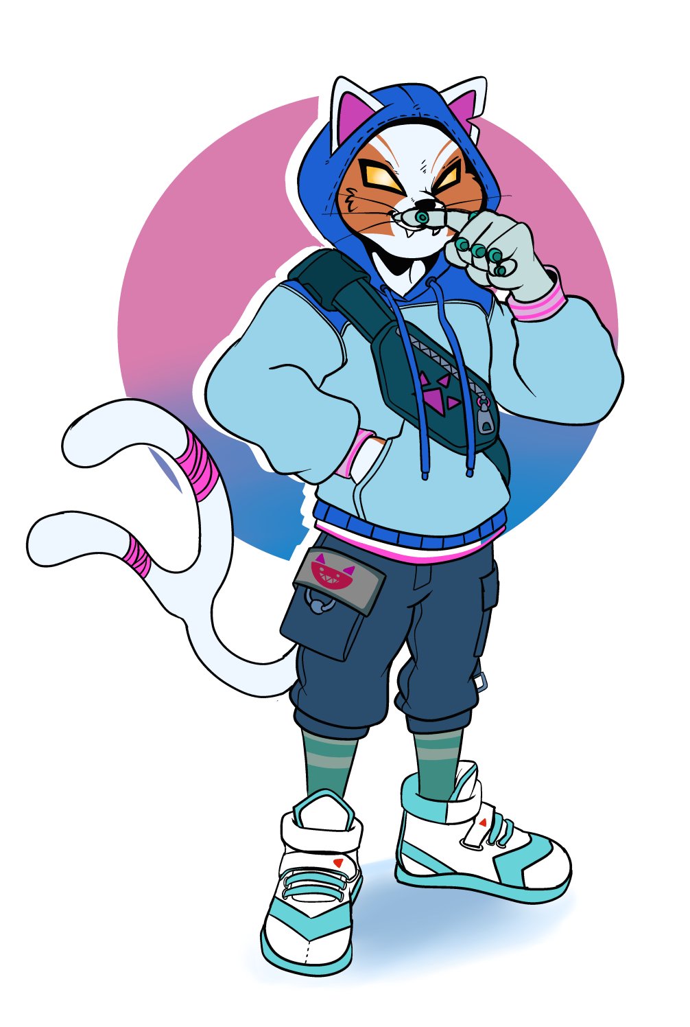 1boy, animal_ears, blue_hoodie, cat_boy, cat_ears, cat_tail, closed_mouth, english_commentary