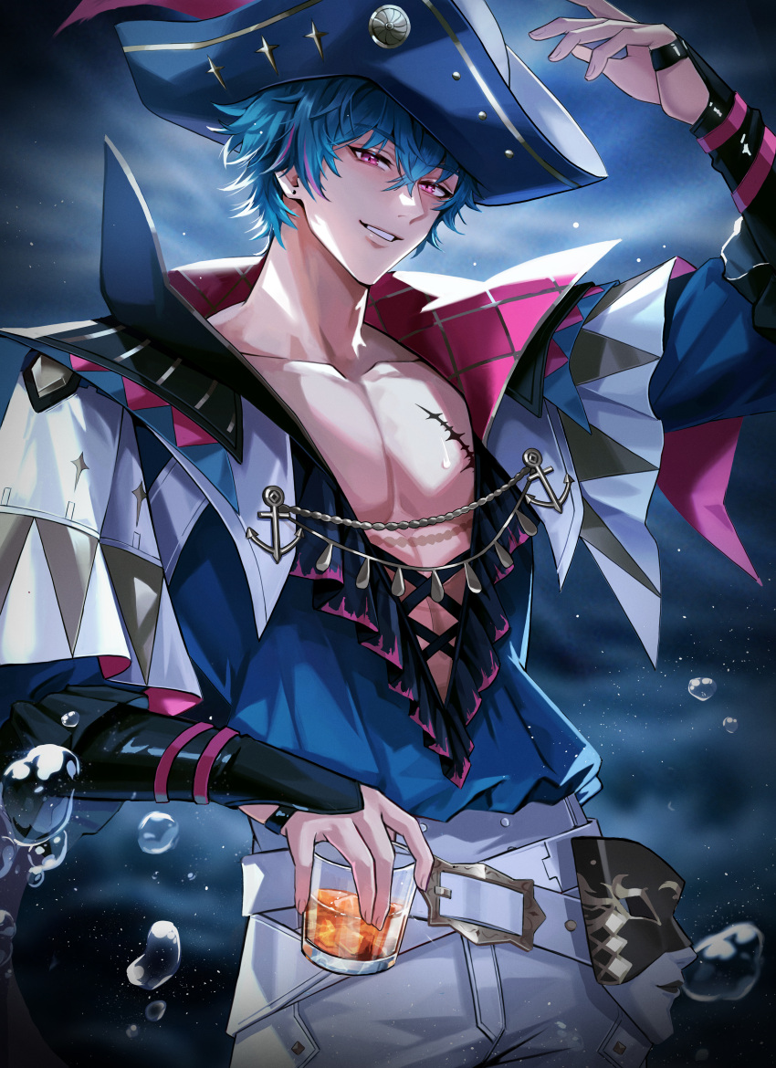 1boy, absurdres, blue_eyes, brant_(wuthering_waves), commentary_request, cup, ear_piercing, hat, highres, holding, holding_cup, looking_at_viewer, male_focus, muscular, muscular_male, pectorals, piercing, pirate_hat, smile, ssatang_118, tacet_mark_(wuthering_waves), violet_eyes, wuthering_waves