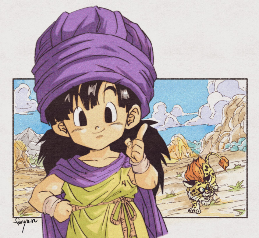 1boy, 1other, aged_down, black_eyes, black_hair, blue_eyes, blue_sky, blunt_bangs