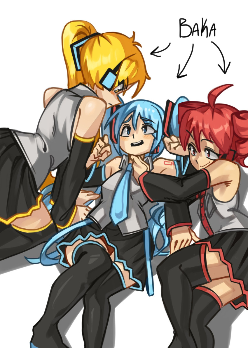 3girls, akita_neru, aqua_eyes, aqua_hair, aqua_necktie, black_sleeves, detached_sleeves, drill_hair, english_text, grey_shirt, hatsune_miku, headphones, headset, highres, implied_yuri, kasane_teto, long_hair, moxydraws, multiple_girls, necktie, number_tattoo, red_hair, shirt, side_ponytail, tattoo, triple_baka_(vocaloid), twin_drills, twintails, very_long_hair, vocaloid, white_background, yellow_necktie