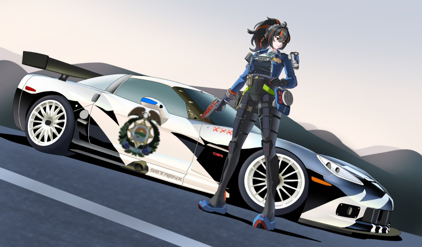1girl, artist_name, black_bodysuit, black_gloves, black_hair, blue_jacket, bodysuit, brown_eyes, car, chevrolet, chevrolet_corvette, chevrolet_corvette_c6, crossover, frown, full_body, gloves, gun, han_(setrenx_lovato), highres, holding, holding_gun, holding_weapon, jacket, looking_to_the_side, motor_vehicle, multicolored_hair, need_for_speed, need_for_speed:_most_wanted_(2005), police_car, red_hair, shadow, solo, spoiler_(automobile), sports_car, standing, streaked_hair, v-shaped_eyebrows, vehicle_focus, weapon, zenless_zone_zero, zhu_yuan