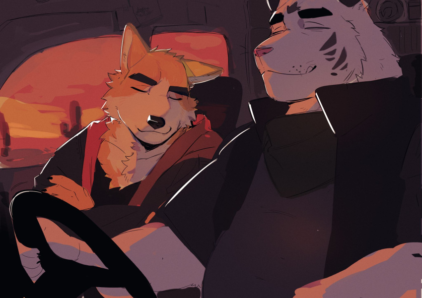 2boys, animal_ears, artxtcy111, axel_(rtf), cactus, claws, closed_eyes, closed_mouth, cooper_krager, crossed_arms, driving, fang, fang_out, furry, furry_male, hashtag-only_commentary, highres, male_focus, multiple_boys, remember_the_flowers, saguaro, sleeping, smile, tiger_boy, tiger_stripes, wolf_boy, wolf_ears