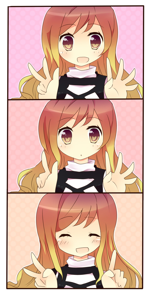 :d, :o, brown_eyes, close-up, closed_eyes, face, gradient_hair, hand_gesture