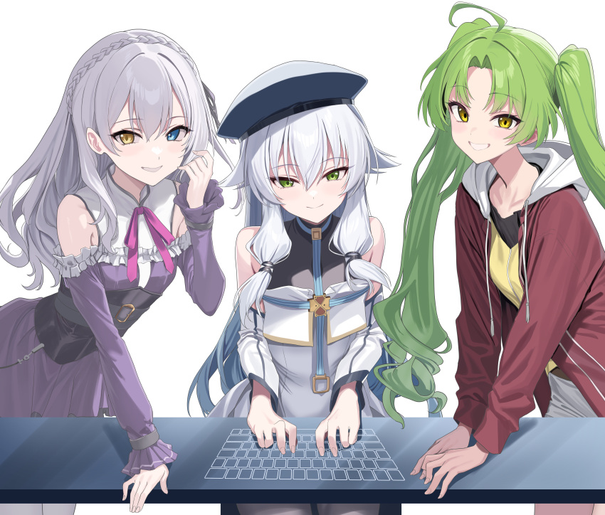 3girls, absurdres, ahoge, altina_orion, bare_shoulders, beret, blue_eyes, braid, commission, computer_keyboard, corset, crown_braid, detached_sleeves, dress, eiyuu_densetsu, green_eyes, green_hair, grey_hair, hajimari_no_kiseki, hat, heterochromia, hidis0086, highres, hood, hooded_jacket, jacket, kai_no_kiseki, kea_(eiyuu_densetsu), kuro_no_kiseki_(series), lapis_rosenberg, long_hair, multiple_girls, pixiv_commission, purple_dress, red_jacket, sidelocks, smile, twintails, white_dress, white_hair, yellow_eyes