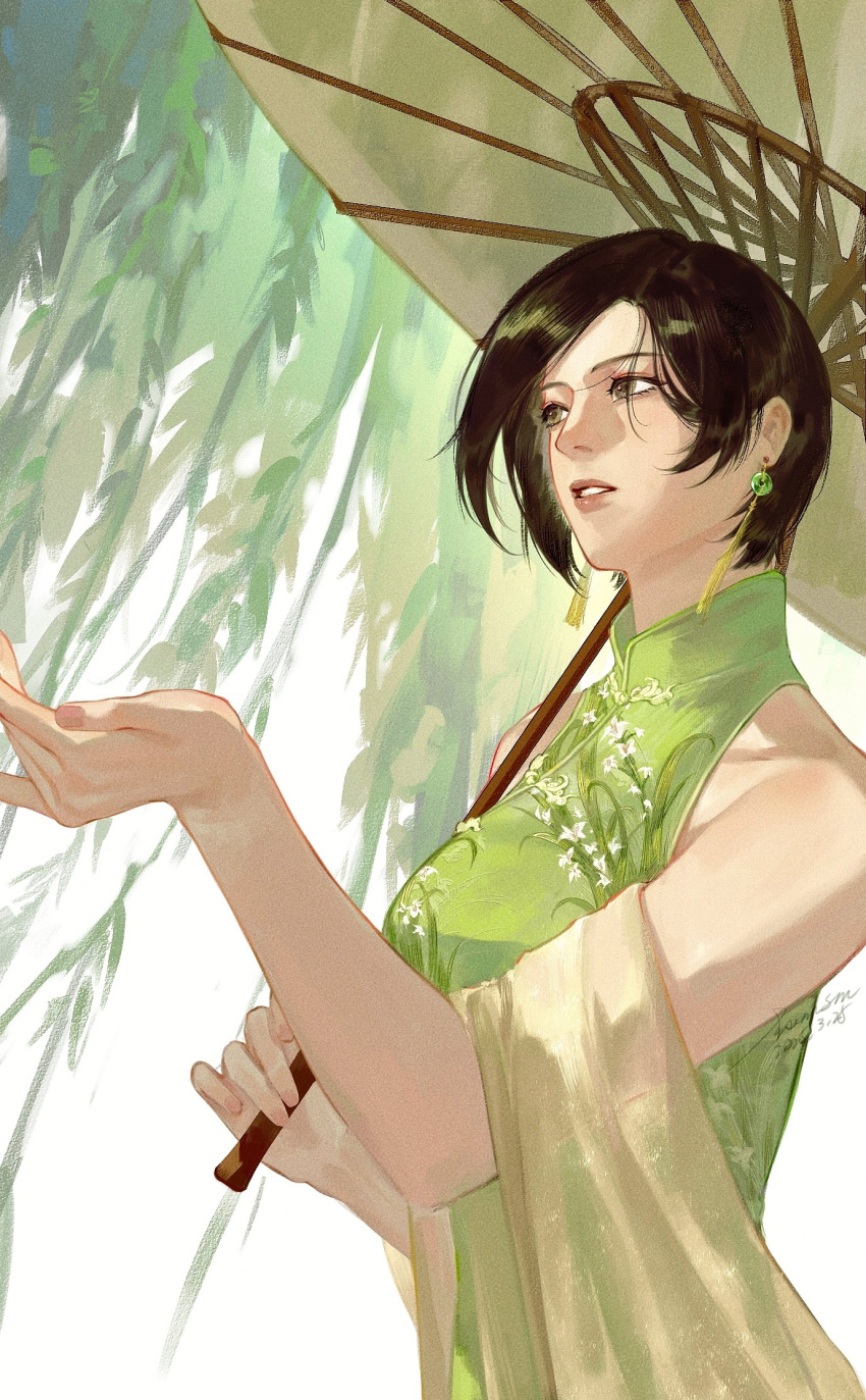 1girl, ada_wong, alternate_costume, bare_shoulders, black_hair, breasts, china_dress, chinese_clothes