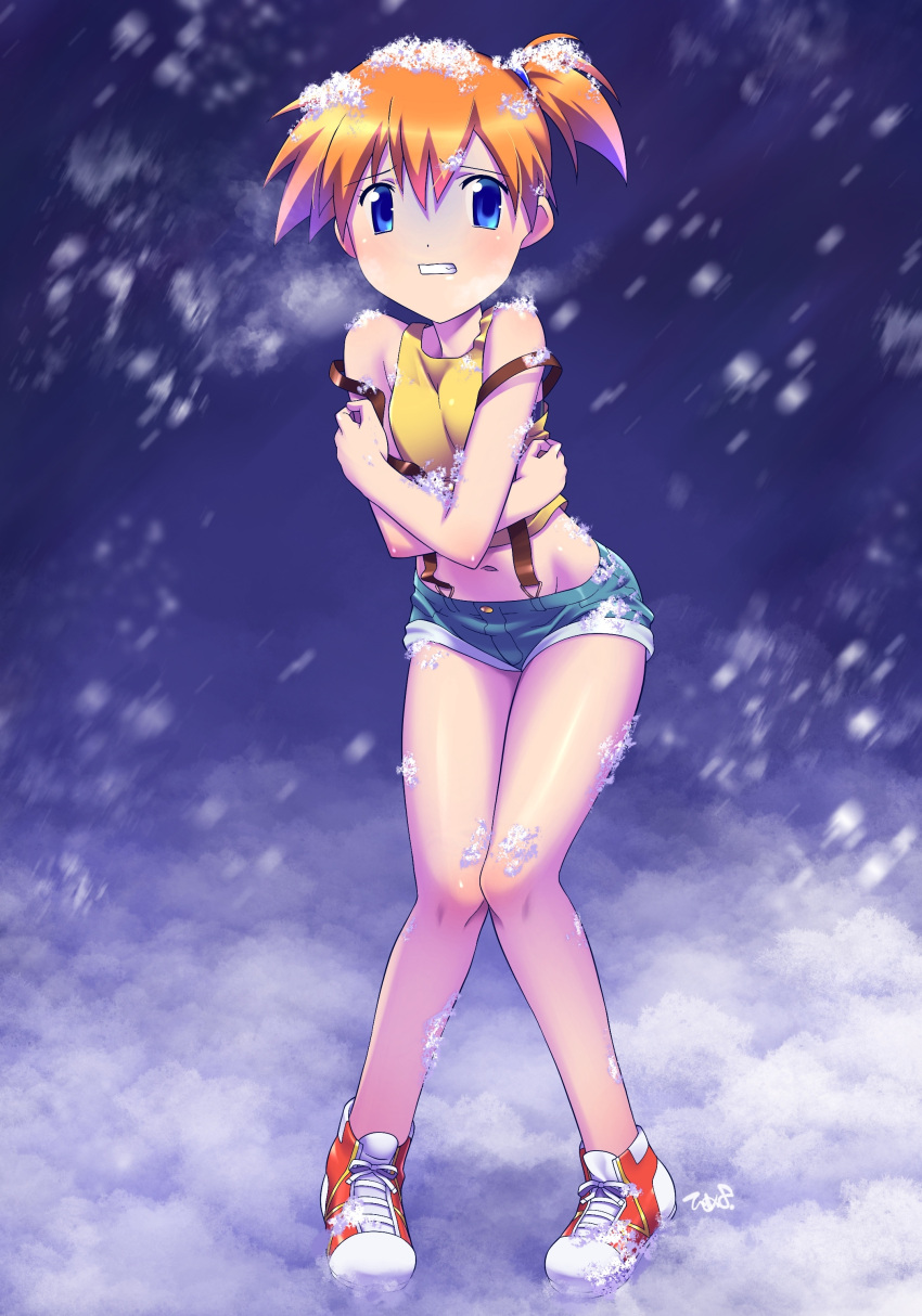 1girl, absurdres, bare_shoulders, blue_eyes, blush, breasts, clenched_teeth, cold