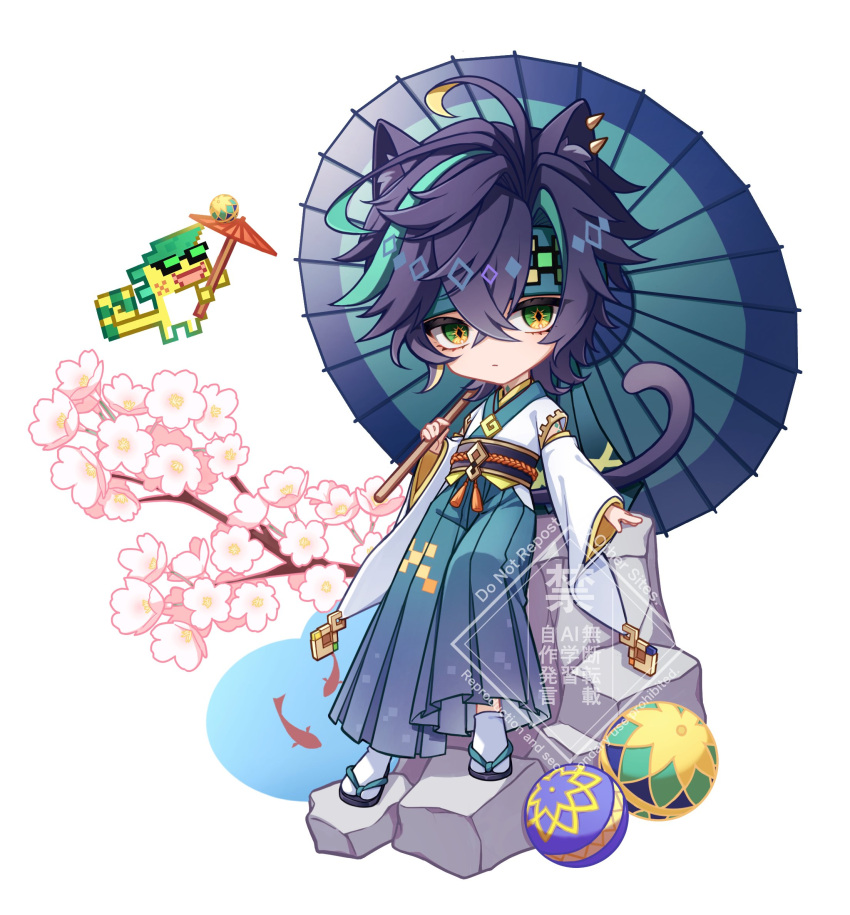 1boy, ajaw_(genshin_impact), animal_ear_fluff, animal_ear_piercing, animal_ears, antenna_hair, aqua_hakama, aqua_headband