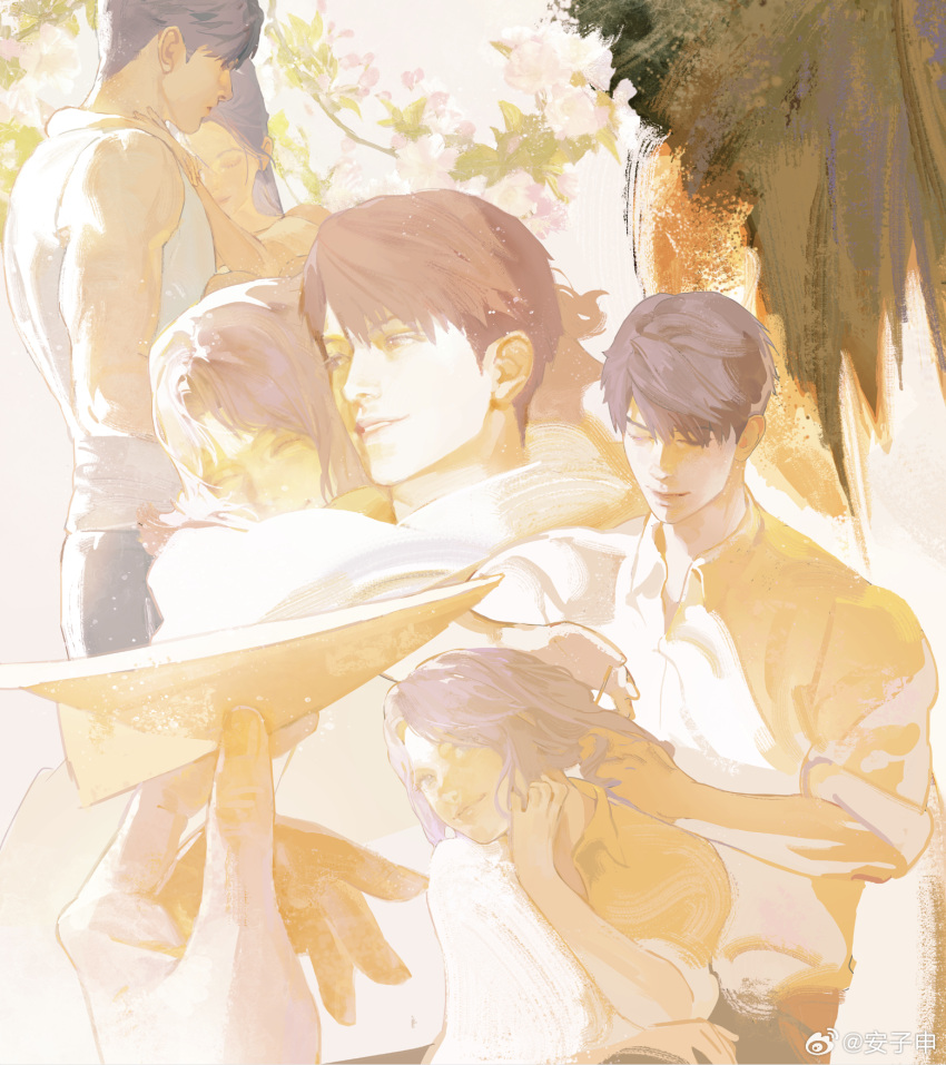 1boy, 1girl, anzishen, black_hair, caleb_(love_and_deepspace), flower, highres, leaf