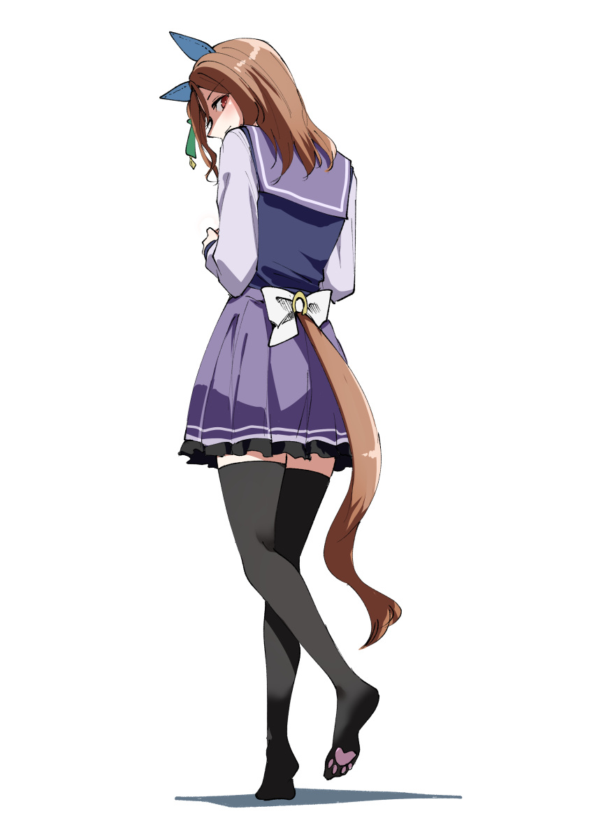 1girl, absurdres, animal_ears, black_thighhighs, bow, brown_eyes, brown_hair, closed_mouth