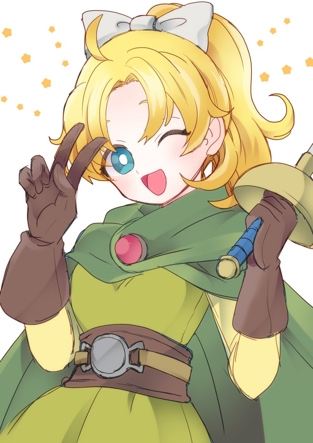 1girl, belt, blonde_hair, blue_eyes, blush, bow, brown_gloves, cape