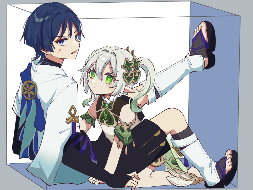 1boy, 1girl, against_wall, all_fours, anger_vein, anklet, aqua_cape, armlet