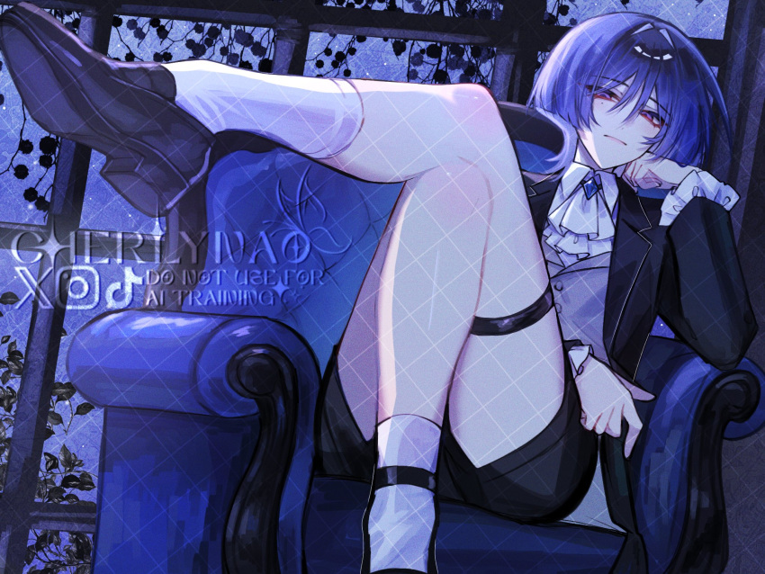 1boy, alternate_costume, ankle_strap, ascot, black_jacket, black_shoes, black_shorts, black_sleeves, blue_brooch, blue_gemstone, blunt_ends, cherlynaoo, closed_mouth, collared_shirt, contemporary, couch, crossed_legs, dress_shirt, elbow_rest, eyeliner, eyeshadow, formal_clothes, frilled_sleeves, frills, gem, genshin_impact, hair_intakes, hand_up, head_rest, highres, indoors, jacket, knees_up, lapels, layered_sleeves, leaf, leg_up, looking_at_viewer, lower_eyelashes_only, makeup, male_focus, on_couch, open_clothes, open_jacket, oxfords, pink_lips, plant, purple_hair, red_eyeliner, red_eyeshadow, scaramouche_(genshin_impact), shirt, shoes, shorts, socks, solo, squinting, suit_jacket, thigh_strap, vest, vines, violet_eyes, watermark, watermark_grid, white_ascot, white_shirt, white_sleeves, white_socks, white_vest