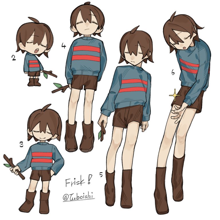 1other, ahoge, blue_eyes, boots, brown_boots, brown_hair, brown_shorts, character_name, chibi, closed_mouth, double_horizontal_stripe, frisk_(undertale), full_body, mei_(tuboishi), multiple_views, open_mouth, other_focus, red_stripes, short_hair, shorts, smile, solo, teeth, twitter_username, undertale, upper_teeth_only