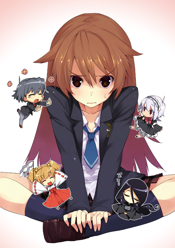 black_hair, black_kneehighs, black_legwear, blonde_hair, brown_eyes, brown_hair, character_request, closed_eyes, doumeki, eyes_closed, gothic_lolita, indian_style, japanese_clothes, kannagi-ke_e_youkoso!, kannagi_amane, kannagi_hana, kannagi_tamaki, kimono, kneehighs, lolita_fashion, long_hair, maid, miko, obi, official_art, plaid, plaid_skirt, pleated_skirt, reach_engage, red_eyes, school_uniform, silver_hair, sitting, skirt, sumaki_shungo, tartan, tatewaki_obi, thighs, twintails