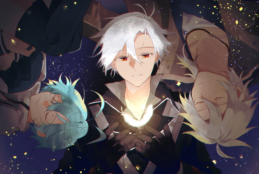 ahoge, black_gloves, blue_hair, crow_armbrust, curtained_hair, double-parted_bangs, ear_piercing, eiyuu_densetsu