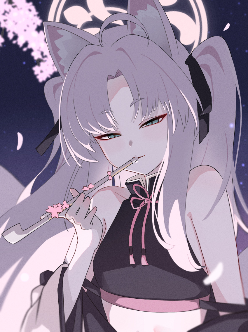 1girl, absurdres, ahoge, animal_ears, bare_arms, bare_shoulders, black_kimono, black_ribbon