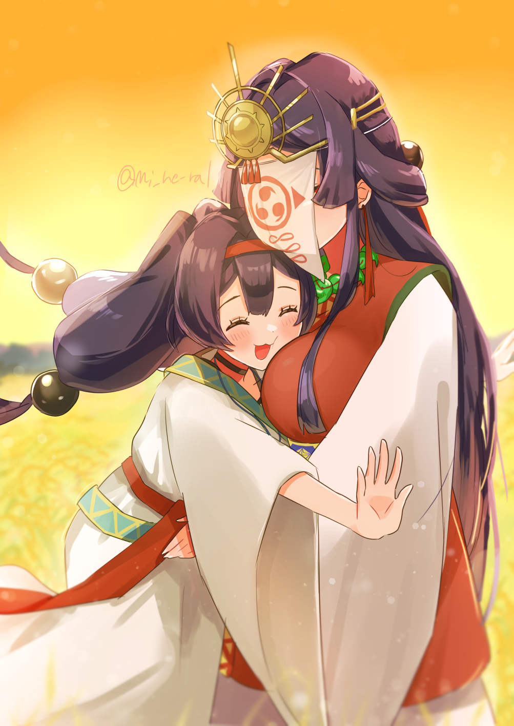 2girls, :3, :d, ^_^, beads, black_hair, breast_smother, breasts