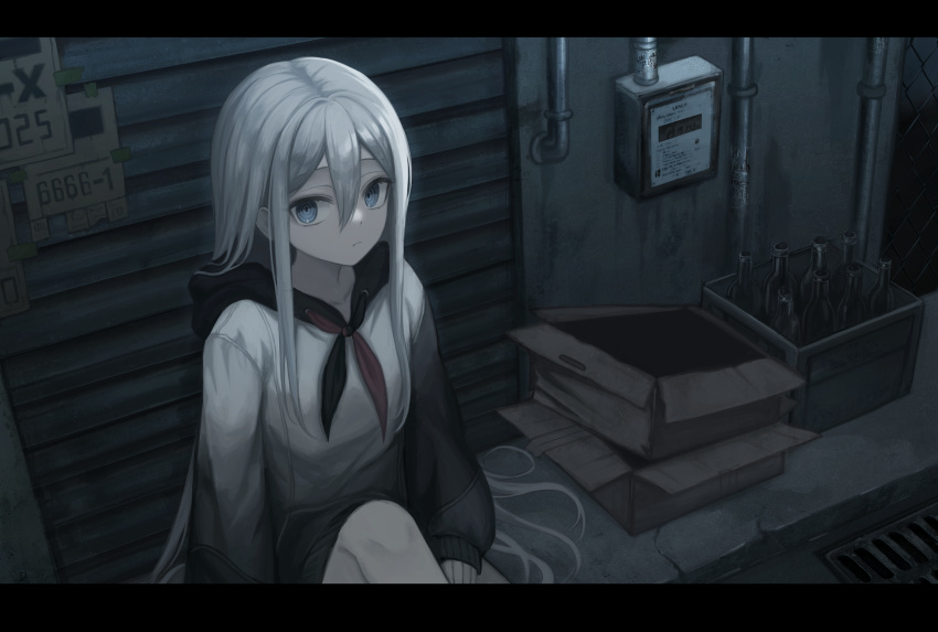 1girl, :/, absurdres, black_hood, black_jacket, black_sleeves, blue_eyes, box