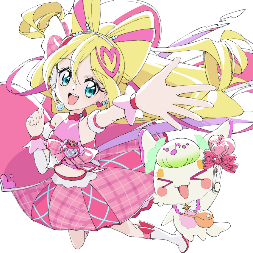 >_<, 1girl, :3, :d, arm_up, bare_shoulders, blonde_hair, blue_eyes