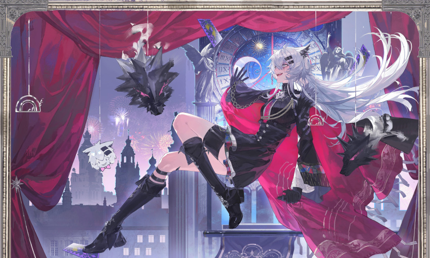 1girl, absurdres, ahoge, animal_ears, arknights, black_gloves, black_skirt, boots