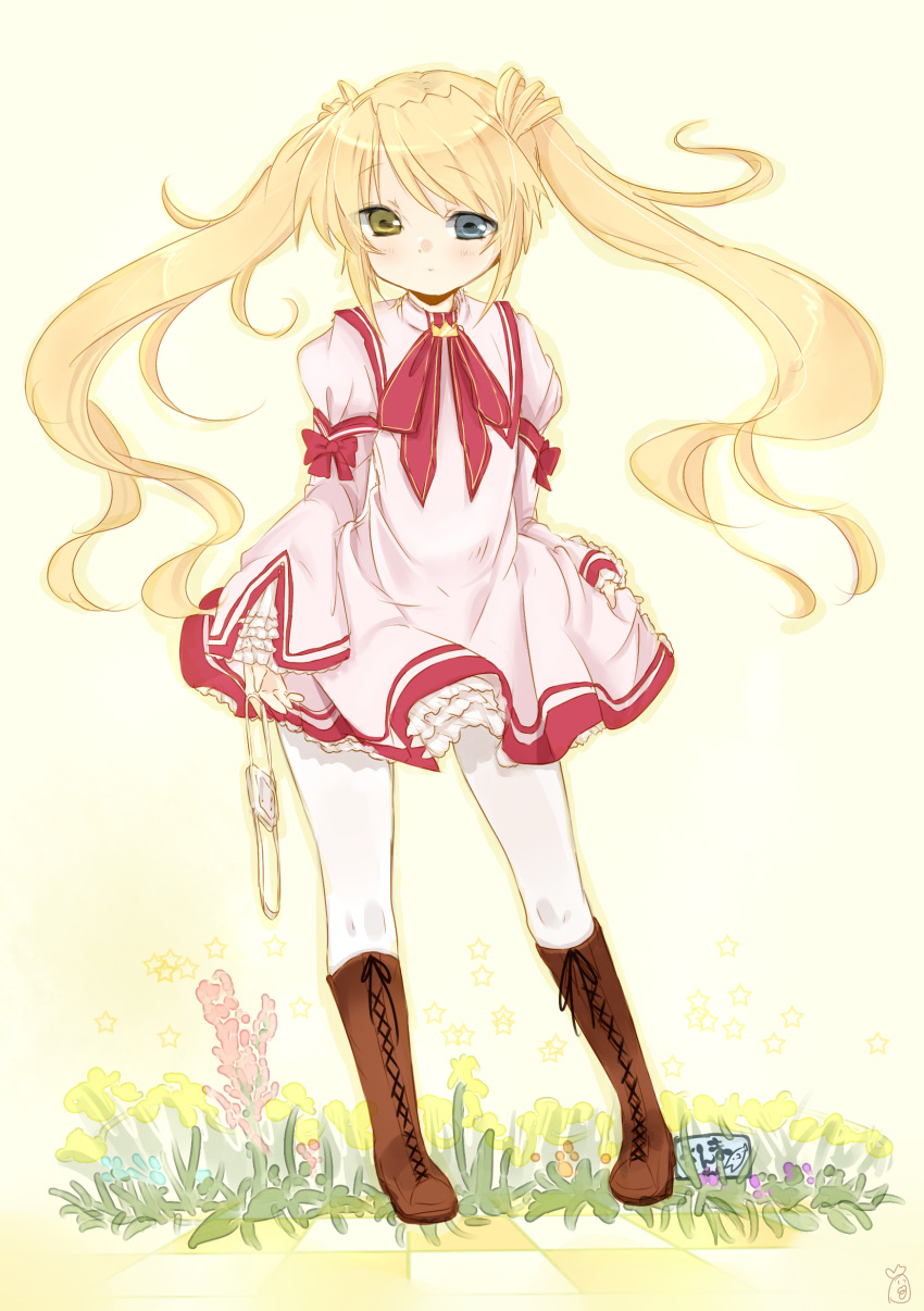 blonde_hair, boots, dress, eyepatch, eyepatch_off, eyepatch_removed, heterochromia, highres