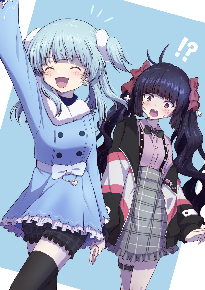 !?, 2girls, :d, ^_^, arm_up, black_hair, black_jacket, blue_background
