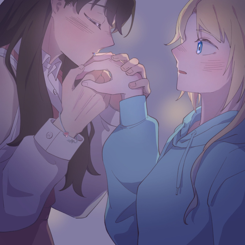 2girls, bare_shoulders, blonde_hair, blue_eyes, blue_hoodie, blush, bracelet, breasts, brown_hair, cestalmtor, clothing_cutout, collared_shirt, commentary_request, dress, dress_shirt, fujishima_megumi, fujishima_megumi_(winter_loungewear), heart_bracelet, highres, hood, hoodie, jewelry, kiss, kissing_hand, link!_like!_love_live!, long_sleeves, looking_at_another, love_live!, medium_breasts, mira-cra_park!, multiple_girls, nose_blush, osawa_rurino, osawa_rurino_(winter_loungewear), pinafore_dress, pink_dress, profile, ring, shirt, shoulder_cutout, silver_bracelet, silver_ring, sleeveless, sleeveless_dress, upper_body, virtual_youtuber, wedding_ring, white_shirt, yuri