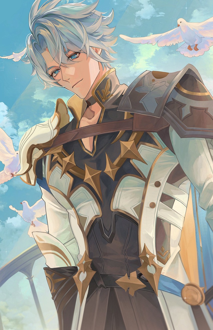 1boy, absurdres, antenna_hair, armor, bird, black_choker, black_shirt, blue_eyes
