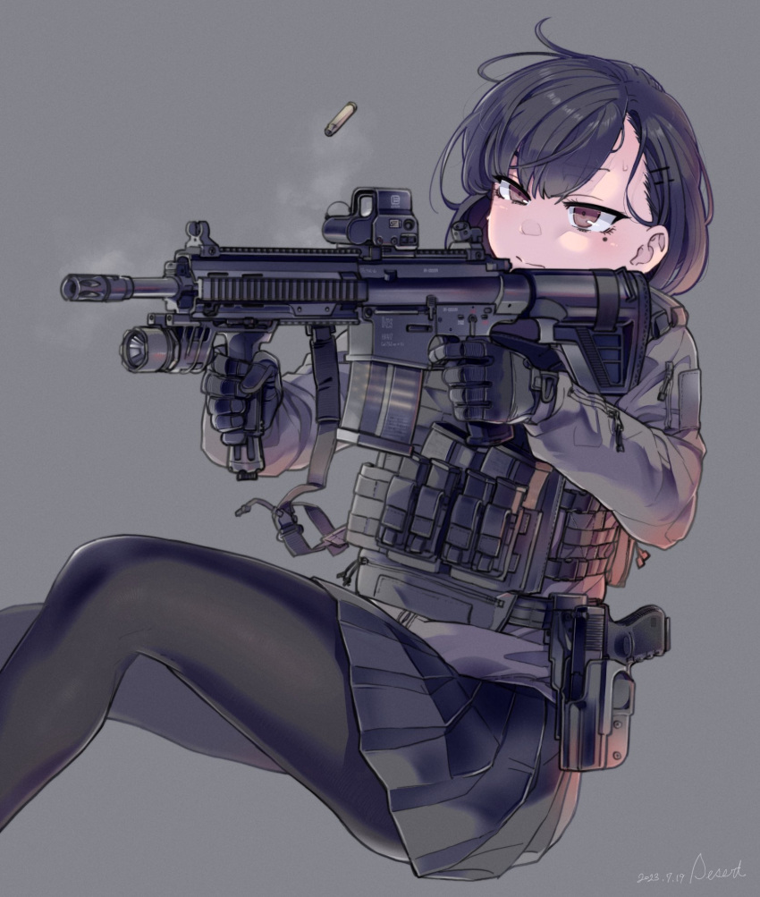 1girl, ammunition_pouch, assault_rifle, belt, black_eyeliner, black_gloves, black_hair, black_pantyhose