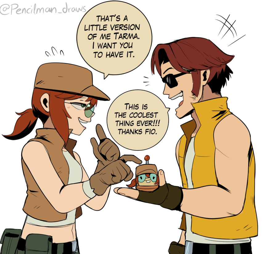 1boy, 1girl, blue_eyes, breasts, brown_gloves, brown_hair, brown_vest, buck_teeth