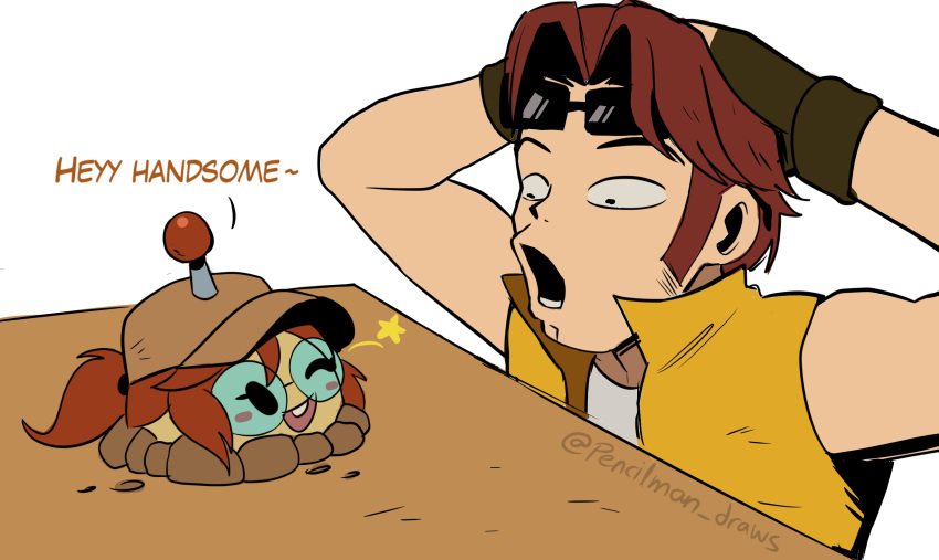 1boy, 1girl, arms_behind_head, blush_stickers, brown_hair, brown_hat, buck_teeth, commentary, english_commentary, english_text, eyewear_on_head, fio_germi, glasses, hat, highres, metal_slug, one_eye_closed, open_mouth, pencilman_draws, photo-referenced, plants_vs_zombies, ponytail, potato_mine_(plants_vs_zombies), star_(symbol), sunglasses, tarma_roving, teeth, twitter_username, vest, yellow_vest