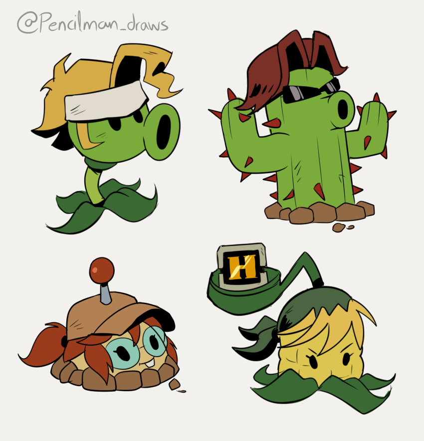 2boys, 2girls, bandana, blonde_hair, brown_hair, brown_hat, cactus_(plants_vs_zombies), commentary, english_commentary, fio_germi, green_bandana, hat, headband, highres, kasamoto_eri, kernel-pult_(plants_vs_zombies), marco_rossi, metal_slug, multiple_boys, multiple_girls, parody, peashooter_(plants_vs_zombies), pencilman_draws, plants_vs_zombies, ponytail, potato_mine_(plants_vs_zombies), sunglasses, tarma_roving, twitter_username, white_headband