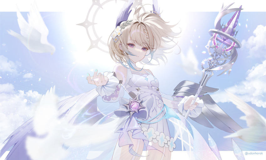 1girl, aqua_nails, backlighting, bare_shoulders, bird, blonde_hair, blue_sky, braid